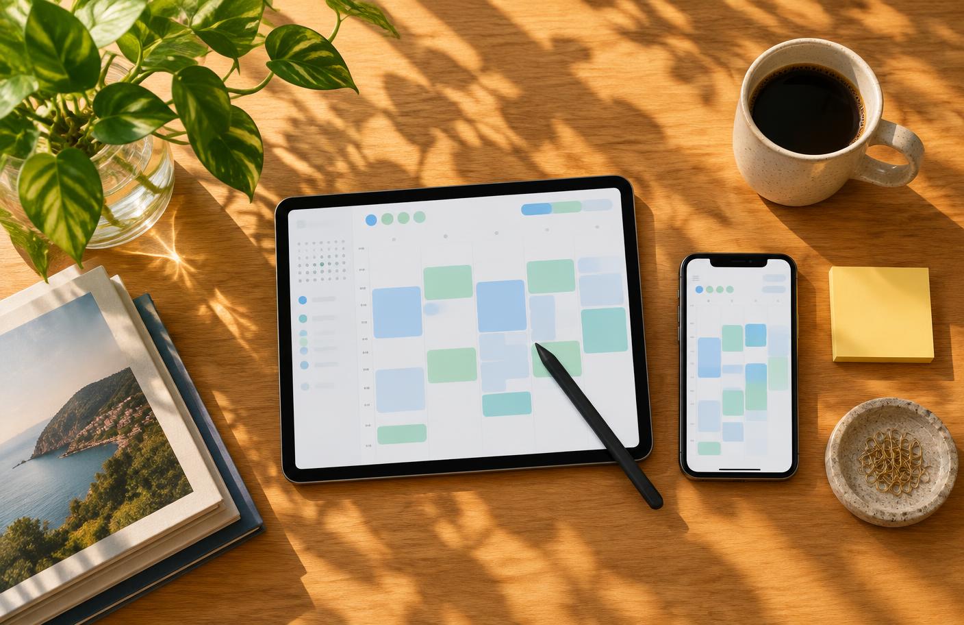 A tablet and phone showing schedules beside a coffee