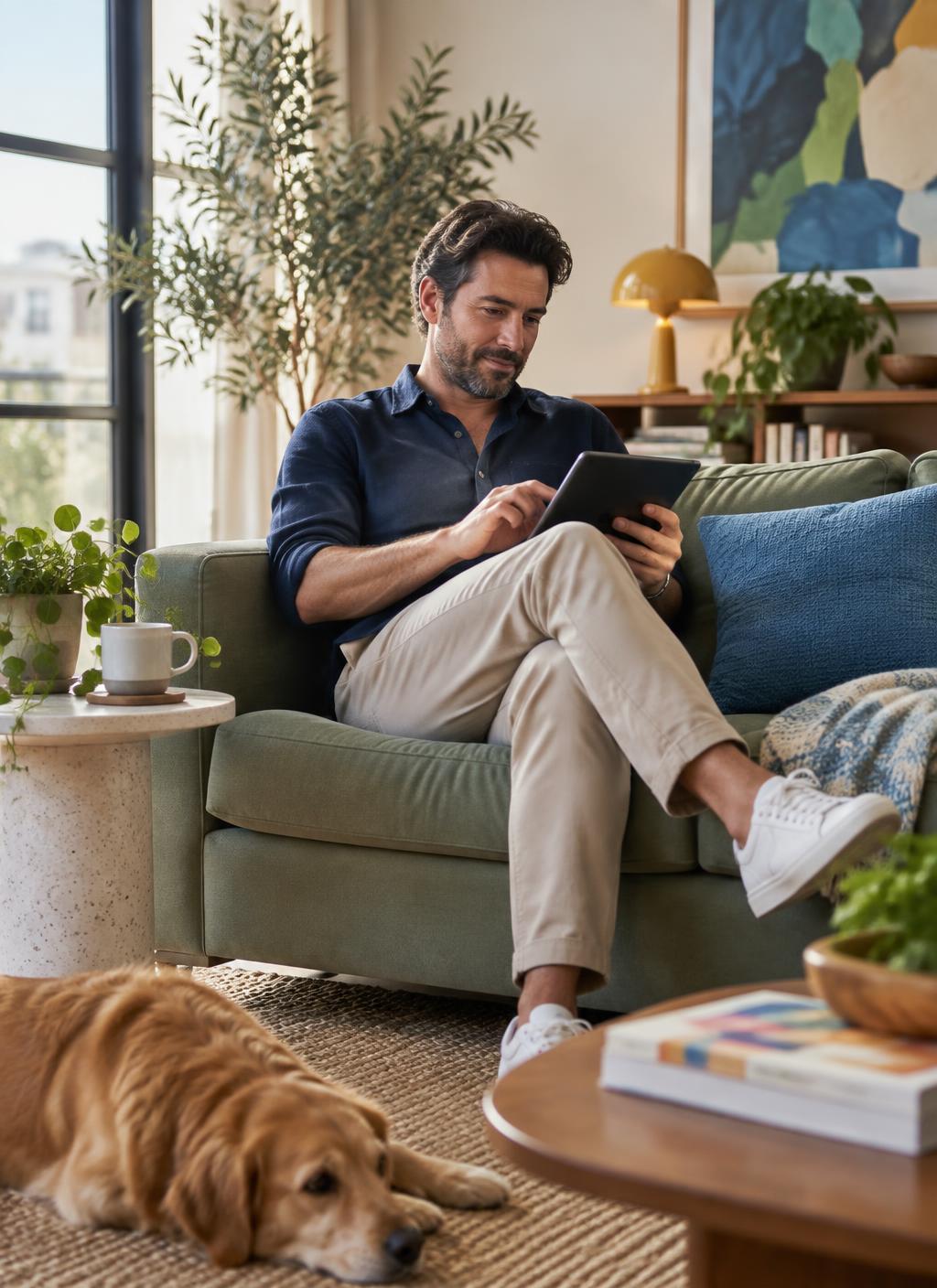 A person calmly planning on a tablet at home