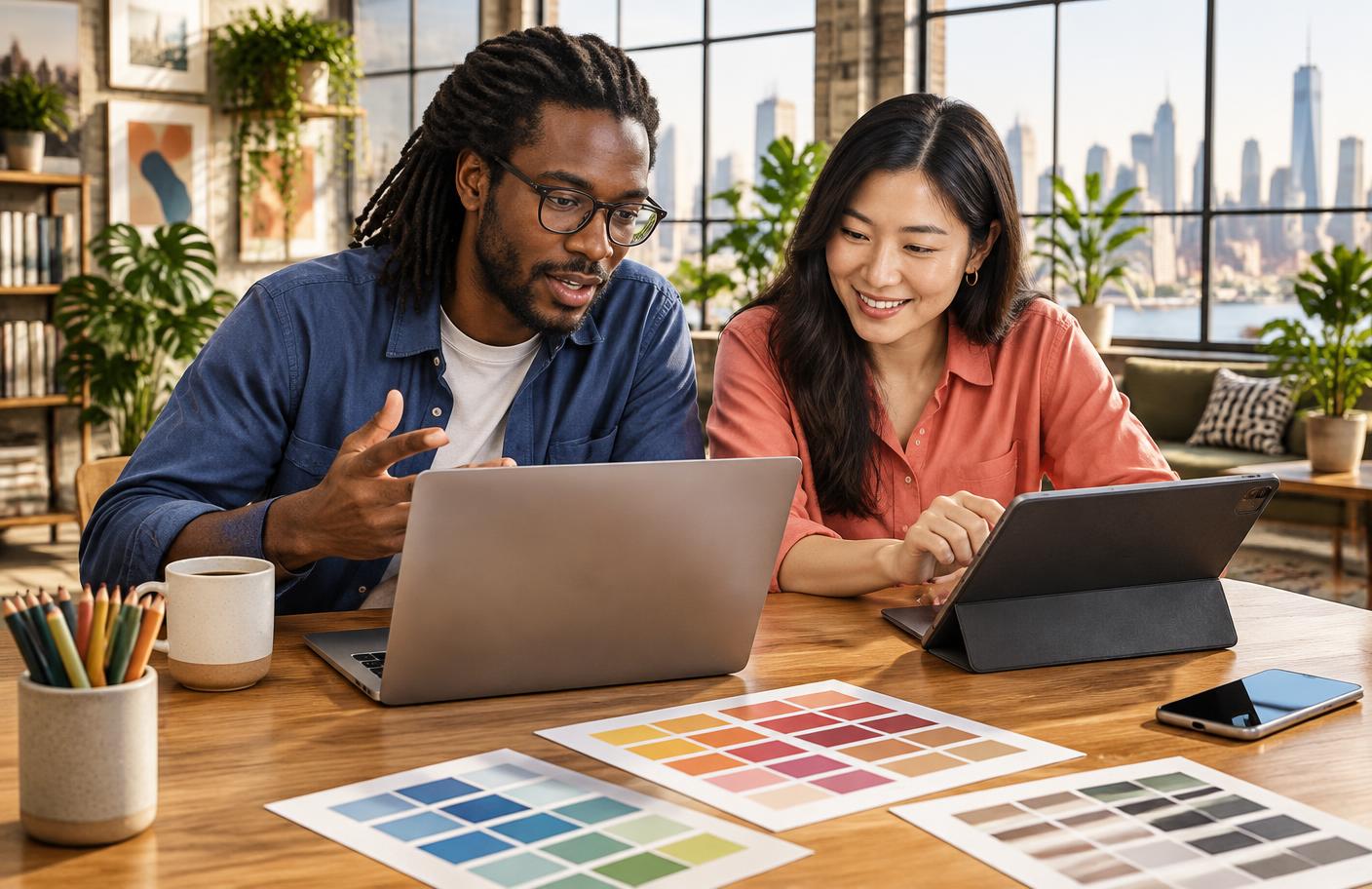 Two coworkers planning together over a laptop and tablet in a bright studio